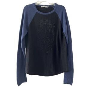 27 Miles Malibu Size M Cashmere Sweater Studded Skull Gray Blue Thumbholes
